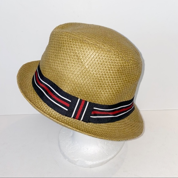 Woven Paper Fedora Tan With Red/White/Blue Ribbon Trim M/L - Picture 1 of 7